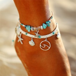 17KM 2PCS Bohemian Starfish Stone Anklets Set For Women Vintage Handmade Wave Anklet Bracelet on Leg Beach Ocean Jewelry 2018 