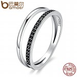 BAMOER Genuine 925 Sterling Silver Double Circle Black Clear CZ Stackable Finger Ring for Women Fine Silver Jewelry Gift SCR082