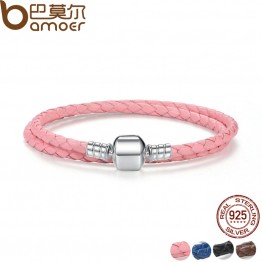 BAMOER Genuine Long Double Pink Black Braided Leather Chain Women Bracelets with 925 Sterling Silver Snake Clasp PAS908