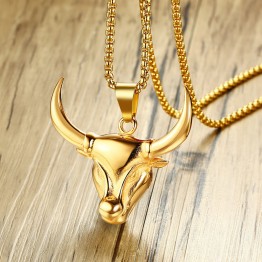 Bull Head Mens Necklace Pendant Stainless Steel Gold Tone Cow Cattle Ox Bull Taurus Horns Tribal Animal Men Jewelry 24"