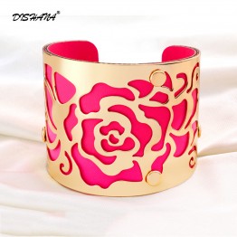 Gold-color Cuff  Bracelets H The Rose Flowers Bangles For Women Femme Jewelry Wide leather Bracelet Bangles S0001