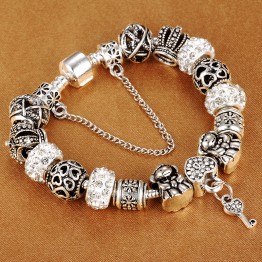 HOMOD Authentic Silver Plated 925 Crown Beads Key Crystal Heart Charm Bracelet Fits Pandora Bracelet For Women DIY Jewelry