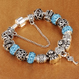 HOMOD Authentic Silver Plated 925 Crown Beads Key Crystal Heart Charm Bracelet Fits Pandora Bracelet For Women DIY Jewelry