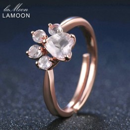 LAMOON Bear's Paw 5mm 100% Natural Pink Rose Quartz Adjustable Ring 925-Sterling-Silver Fine Jewelry for Women Wedding RI027-2