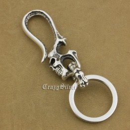 LINSION 925 Sterling Silver Skull Hook KeyRing Mens Biker Rock Punk Keychain Belt Clip TA10
