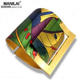 MANILAI Fashion Country Style Painting Design Opened Big Cuff Bangle Bracelet For Women High Quality Costume Statement Jewelry