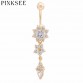 PINKSEE Medical Steel Crystal Rhinestone Flower Belly Button Ring Dangle Navel Women Gold Silver Plated Body Piercing Jewelry