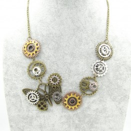 Punk Style Multi Gears with Nice Butterfly Vintage Steampunk Necklace Women Jewellery