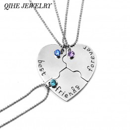 QIHE JEWELRY 3 Pcs/set "best friends forever" Rhinestone Broken Heart Shape Bff Necklace Best friend Jewelry Friendship Gifts