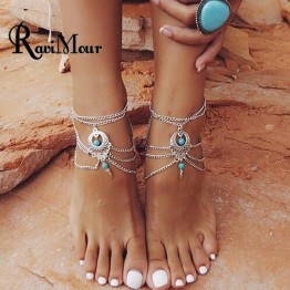 RAVIMOUR Vintage Silver Color Ankle Bracelet Foot Jewelry Barefoot Sandals Anklet For Women Tornozeleira Chaine Cheville Bijoux