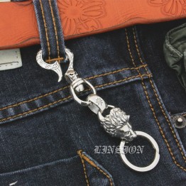 Solid 925 Sterling Silver Skull Hook Huge Lion Mens Biker Rocker Punk Keychain Belt Clip 9T020