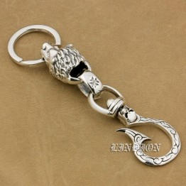 Solid 925 Sterling Silver Skull Hook Huge Lion Mens Biker Rocker Punk Keychain Belt Clip 9T020