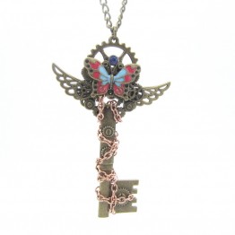 The New Unique Design Bass OX Key with Wings and Coloful Butterfly DIY Gears Steampunk Pendant Necklace Women Jewelry