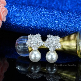 ThreeGraces Famous Designer Jewelry Sparkling Snow Flower Cubic Zirconia Crystal Setting Big Pearl Stud Earrings For Women ER020