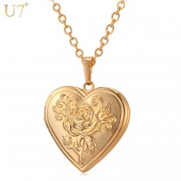 U7 Heart Locket Necklace Pendant Metal Brass Gold Photo Frame Memory Romantic Love Vintage Necklace Women Best Jewelry Gift P326