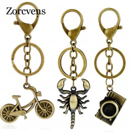 ZORCVENS Vintage Men Adjustable Bicycle Crab Camera Clock Keychain Copper Alloy Genuine Leather Key Chains Hand Made